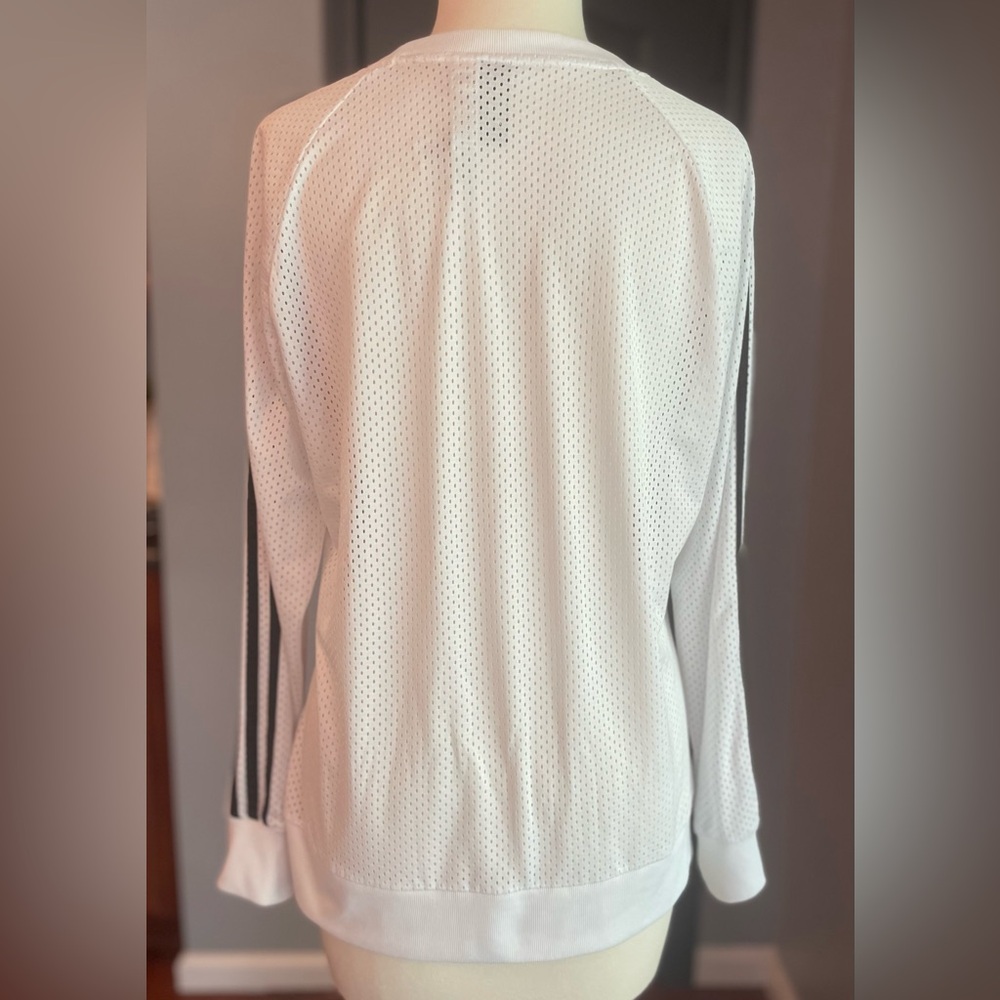 Adidas Women's White Mesh Jersey Athletic Top with Black Stripes Long Sleeve - Picture 3 of 10